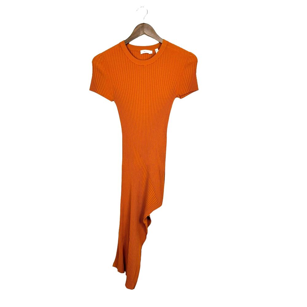 A.L.C. Minetta Orange Ribbed Fitted Bodycon Asymmetrical Slit Dress - Picture 4 of 10